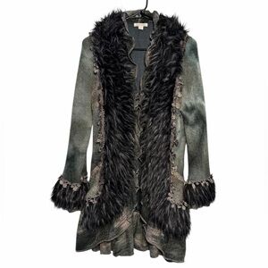 Boston Proper Green Knit Coatigan with Black Faux Fur Trim